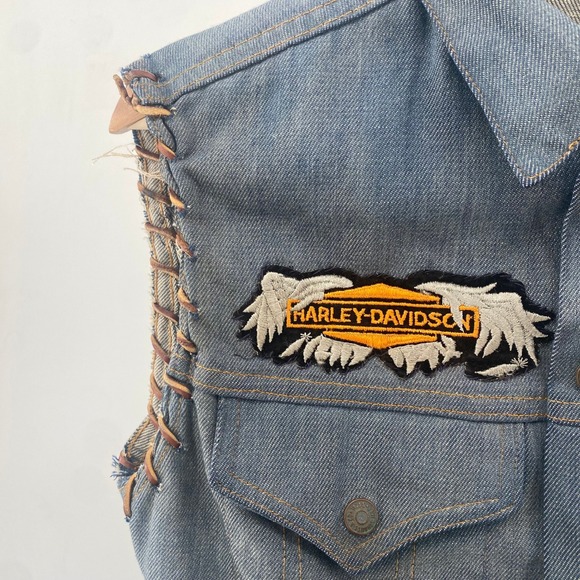 Levi's Denim Sm Vest Harley Davidson Broken Wings Patches Sleeveless Biker - Picture 8 of 12